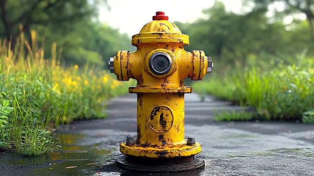 Bright yellow fire hydrant in lush green park setting