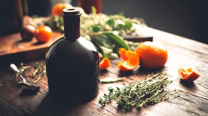 cork. Amber-colored liquor bottle on a wooden table with orange peels and herbs. bar promotions, beverage menus, designed for product packaging and bar promotions, used by curriculum designers.