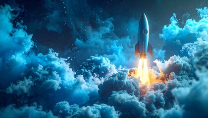 Rocket ship taking off through fluffy blue clouds in a starry night sky