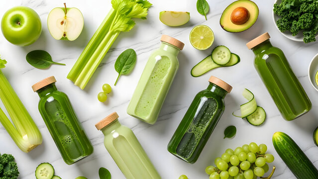Green juices and fresh ingredients arranged on a marble surface detox juice healthy drink