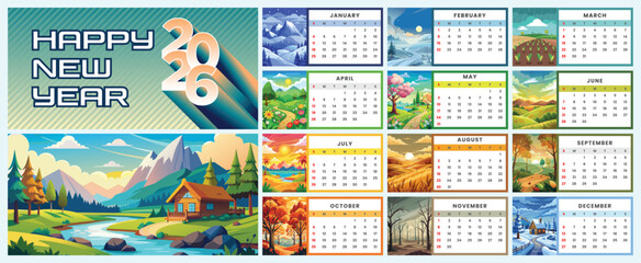 A vector design template of a calendar 2026 with landscape flat design