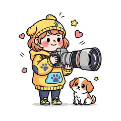 Cartoon Child Photographer with Cute Puppy and Camera