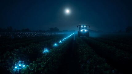 Futuristic night farming with glowing irrigation and tractor under moonlight, showing advanced agriculture and technological innovation with cinematic blue lighting.