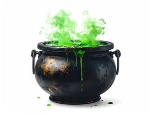 Steaming green liquid spills from a black, worn cauldron