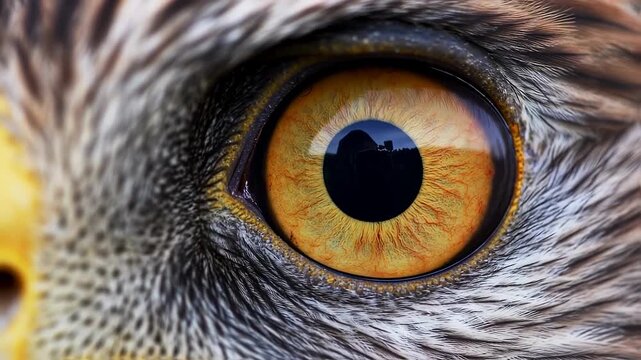 Extreme close-up of an avian eye, showcasing detailed iris and feathery texture