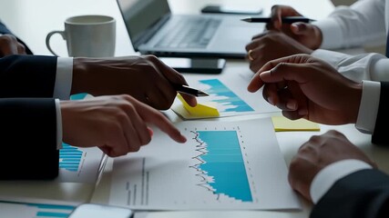 Close up of business team hands pointing at a blue financial growth chart on a white desk during a strategic meeting to analyze market success. - Powered by Adobe