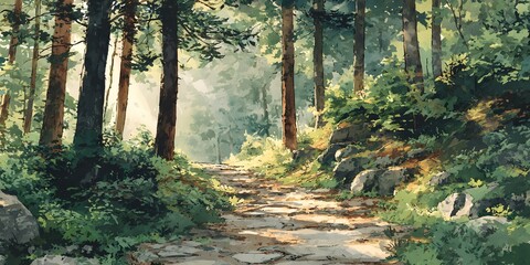 Serene forest scene with tall trees lush greenery sunlit pathway and natural landscape in tranquil outdoor environment