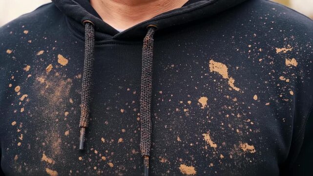 A close-up showcases a black hoodie speckled with brown earth, detail around the drawstring