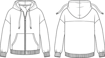 Hooded sweatshirt technical sketch, front and back view, flat vector, cad drawing, fashion design, garment construction, apparel template, sewing illustration