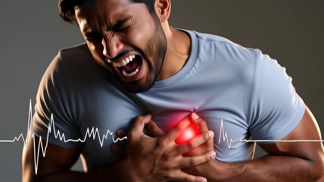 Man suffering acute chest pain with glowing red heart and EKG pulse line, illustrating cardiac arrest and medical emergency concepts.