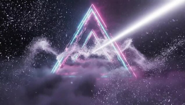 Neon-lit triangular prism with pink and blue outlines emitting a white beam against a starry night