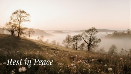 Serene Landscape with Fog and Trees - A Peaceful Resting Place.