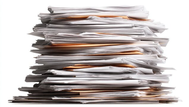 Large stack of papers and documents on a white background.