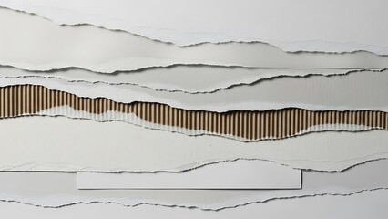 Abstract composition of layered torn paper and corrugated cardboard, creating a textured and dimensional effect