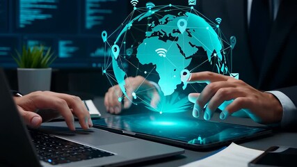 Business hands operating tablet and laptop with a glowing blue 3D earth hologram, showcasing global connectivity and digital data exchange concepts. - Powered by Adobe