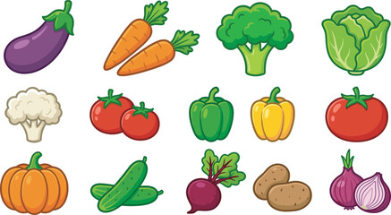 Set of colorful cartoon vegetable icons, fresh organic garden produce, cute hand-drawn illustration style, healthy food collection featuring carrots, tomatoes, peppers, and broccoli vector graphics.