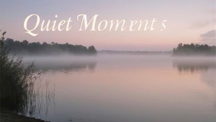 Serene Morning Mist Over Calm Lake with Reeds and Distant Trees at Sunrise.