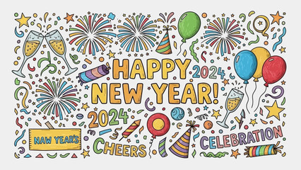 Happy New Year 2024 Celebration: A vibrant illustration for the new year, filled with fireworks, champagne glasses, confetti, and celebratory balloons.
