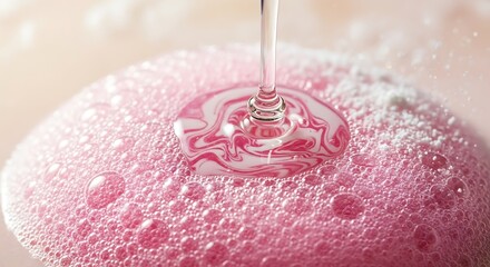 A close-up view of swirling, marbled pink liquid, creating a pattern amidst a mound of delicate, vibrant pink bubbles.