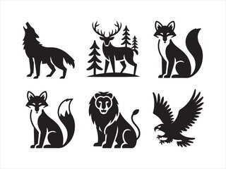 Collection of Wild Animal Vector Silhouettes Including Lion Eagle Wolf Deer Fox Hare Bear and fox