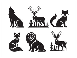 Collection of Wild Animal Vector Silhouettes Including Lion Eagle Wolf Deer Fox Hare Bear and fox