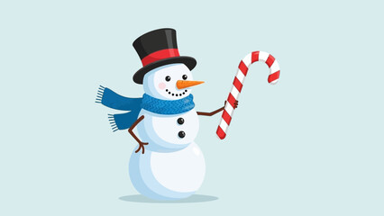 Cheerful Snowman with Candy Cane: A jolly snowman, adorned with a top hat and scarf, gleefully holds a striped candy cane, inviting the viewer into a festive winter wonderland.