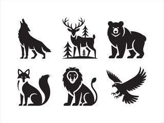 Collection of Wild Animal Vector Silhouettes Including Lion Eagle Wolf Deer Fox Hare Bear and fox