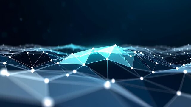 Abstract blue network of glowing nodes and lines flowing in a digital mesh, creating a seamless 3D technology background for data, AI, and blockchain concepts.