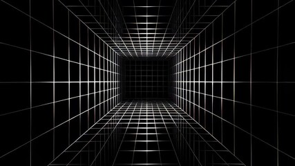 Abstract black and white grid tunnel moving forward in a seamless loop 3D animation, perfect for sci-fi technology backgrounds or cyberspace concepts