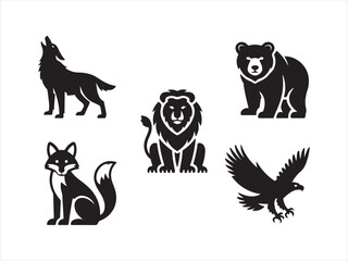 Collection of Wild Animal Vector Silhouettes Including Lion Eagle Wolf Deer Fox Hare Bear and fox design