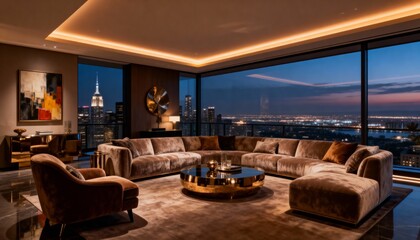 Modern Penthouse Cozy Living Room with Ambient Warm Lighting
