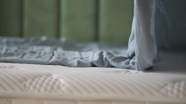 Clean bedding on a mattress in a bedroom setting