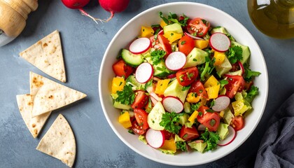 Fattoush or Arab salad with pita croutons