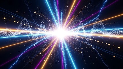 Abstract visualization of energy explosion with light beams and particles, representing power and innovation
