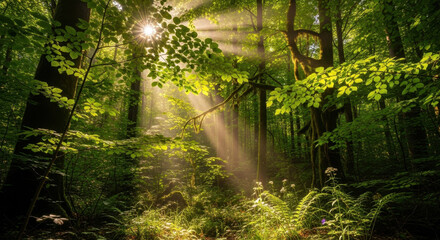 Forest sunlight beams penetrate through leaves