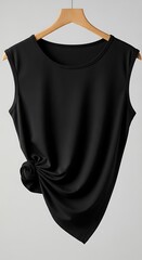 Sleeveless black garment draped with a knot detail hangs against a light background