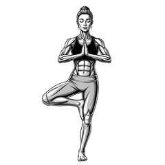 Serene Monochrome Yoga Athlete in Tree Pose &ndash; Minimalist Professional Vector Illustration