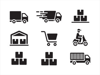 Concrete Logistics Icons. Solid, filled icons set, Food delivery icons set featuring scooter driver, gps, timer, mobile order, and takeout box vector
