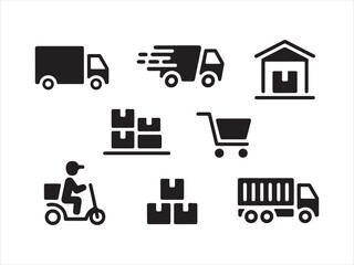 Concrete Logistics Icons. Solid, filled icons set, Food delivery icons set featuring scooter driver, gps, timer, mobile order, and takeout box vector
