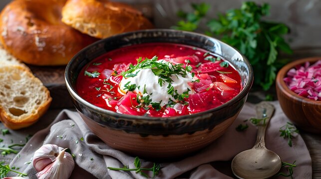 A bowl of borscht with sour cream and parsley next to bread and garlic on a rustic wooden table
