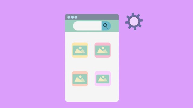 Illustration of a web browser interface displaying image thumbnails with a gear icon, symbolizing search functionality and settings for image management.