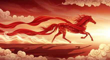 Red silk steed steps on clouds to welcome the sunrise
