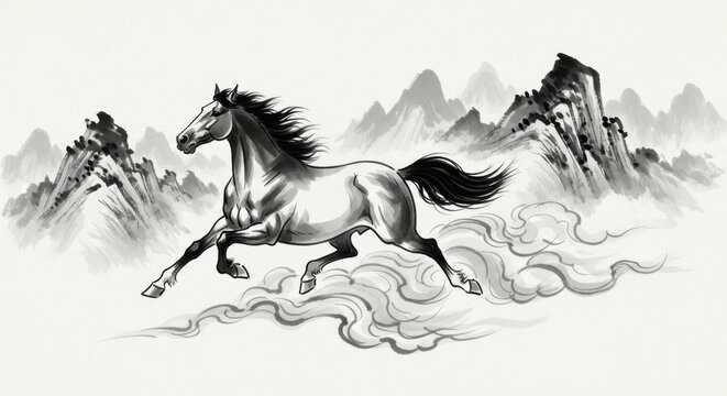 A galloping horse treads through the clouds, mountains, and waters