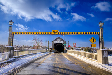 Height Restriction Sign and Entrance to Hartland Covered Bridge Winter Landscape