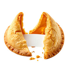 Cracked Fortune Cookie Revealing a Blank Paper: This image captures a close-up of a broken fortune cookie, with its crispy edges and golden color, revealing a blank strip of paper.