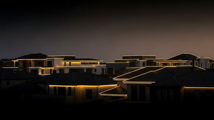 Modern residential buildings illuminated with warm golden string lights outlining architectural features against a dark night sky