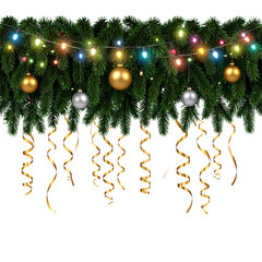 Festive Garland Adornment: A captivating close-up of a festive garland, decorated with radiant Christmas lights, metallic baubles, and shimmering ribbons, exudes holiday warmth and cheer.