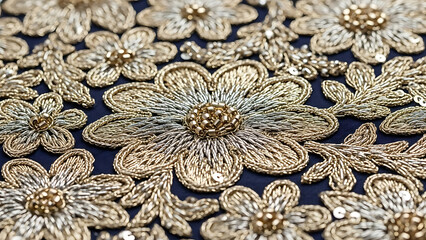 Intricate golden floral embroidery with delicate beadwork on a dark fabric showcasing detailed craftsmanship and luxurious texture