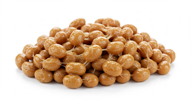 Freshly made natto fermented soybeans piled high with characteristic sticky threads brightly lit. AI Generated