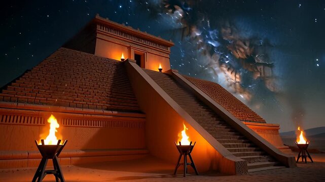 Ancient Ziggurat temple illuminated by burning fire torches under a starry Milky Way galaxy sky in a cinematic 3D animation background.